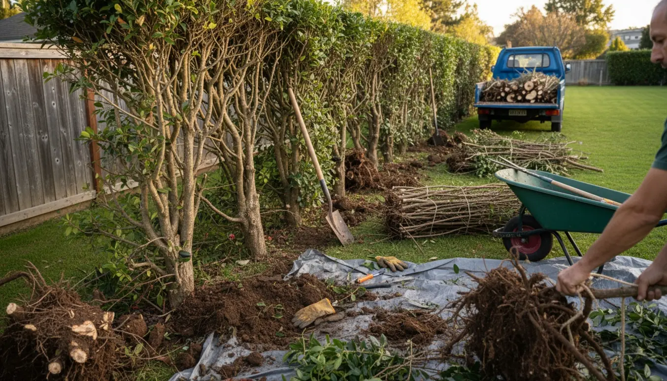 Gammel hæk graves op og bundtes for at blive kørt væk.