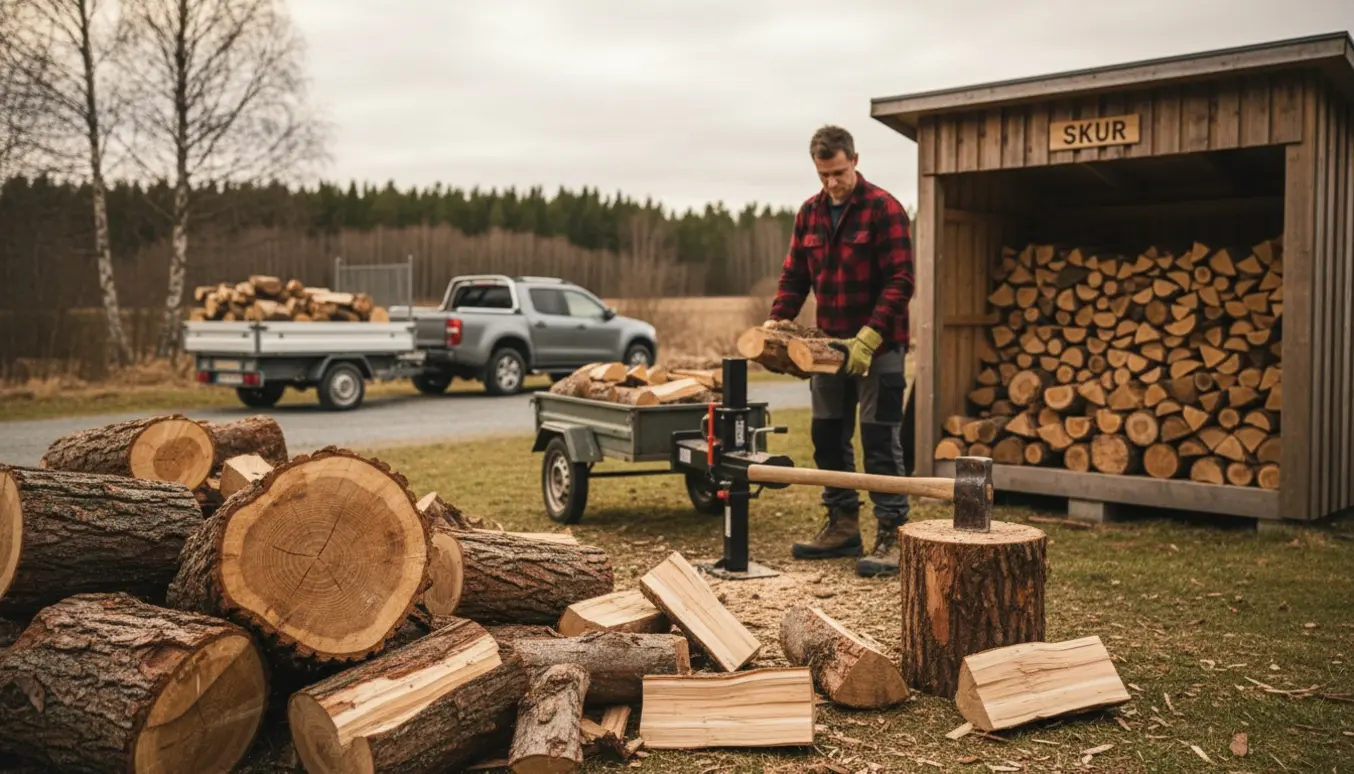 Kløvning af store træskiver og læsning af brænde i et skur.