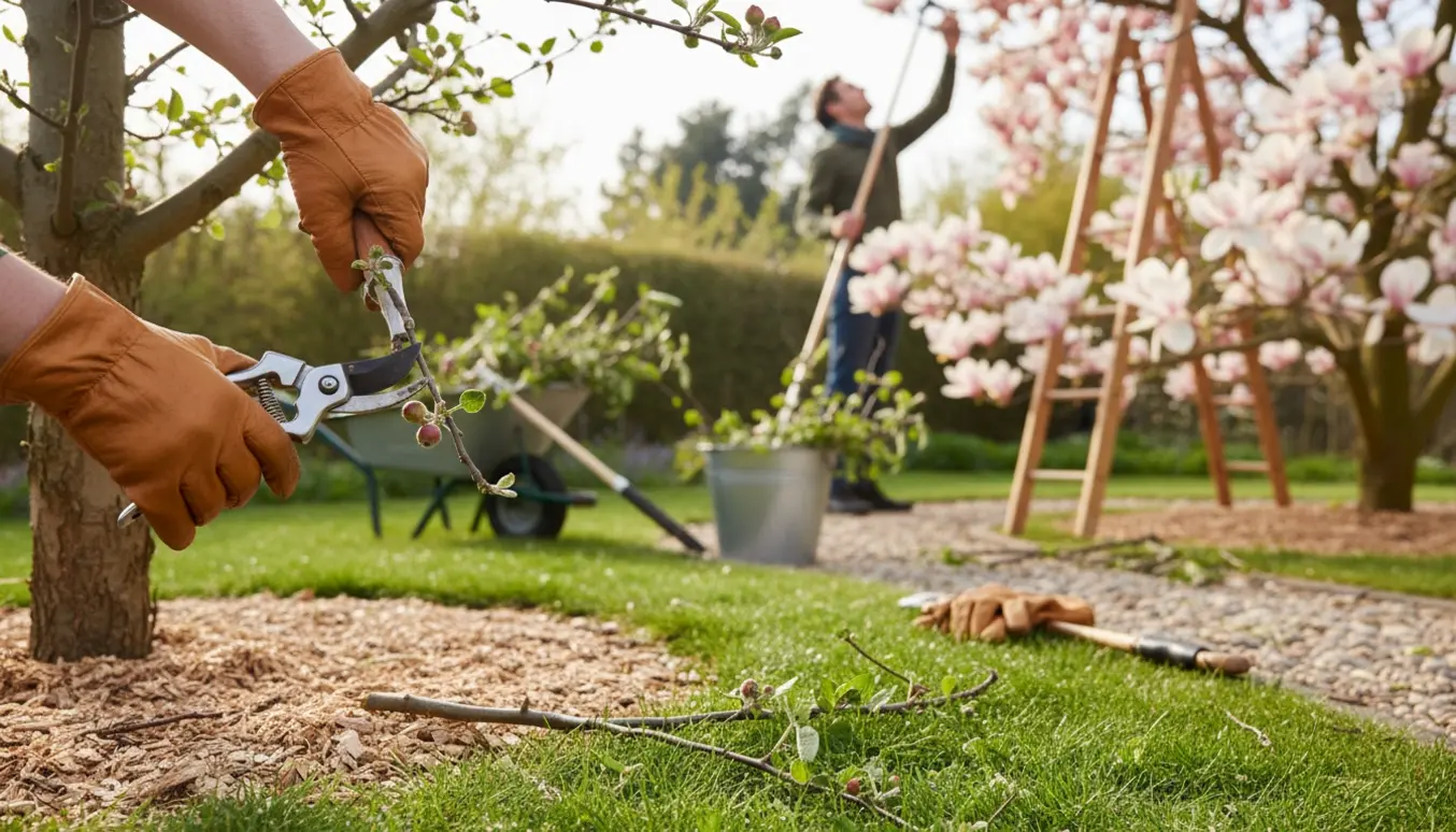 Nærbillede af hænder, der beskærer et æbletræ med en magnolia i blomst i baggrunden.