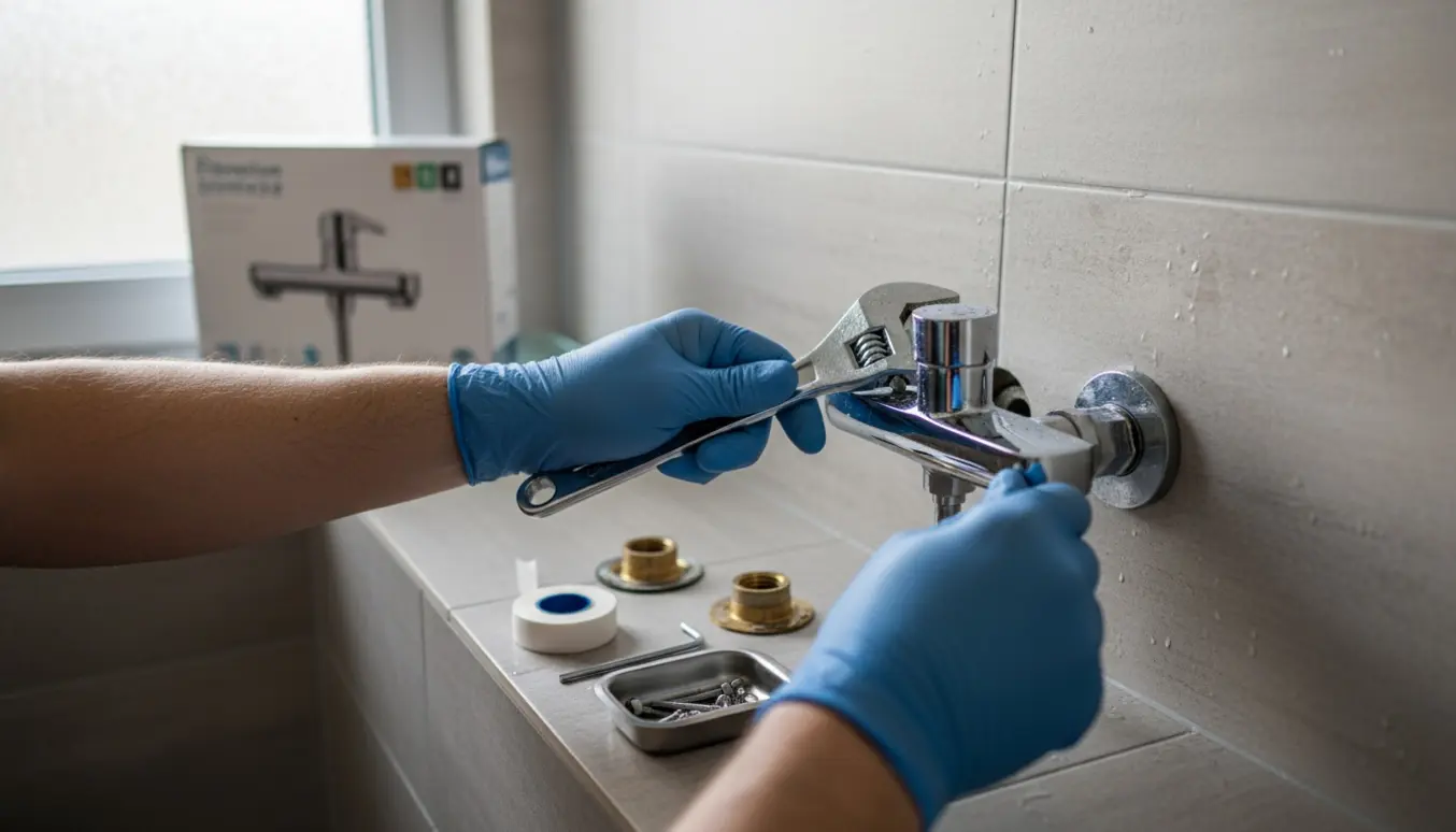 Hænder monterer et nyt krom blandingsbatteri i en moderne brusekabine.