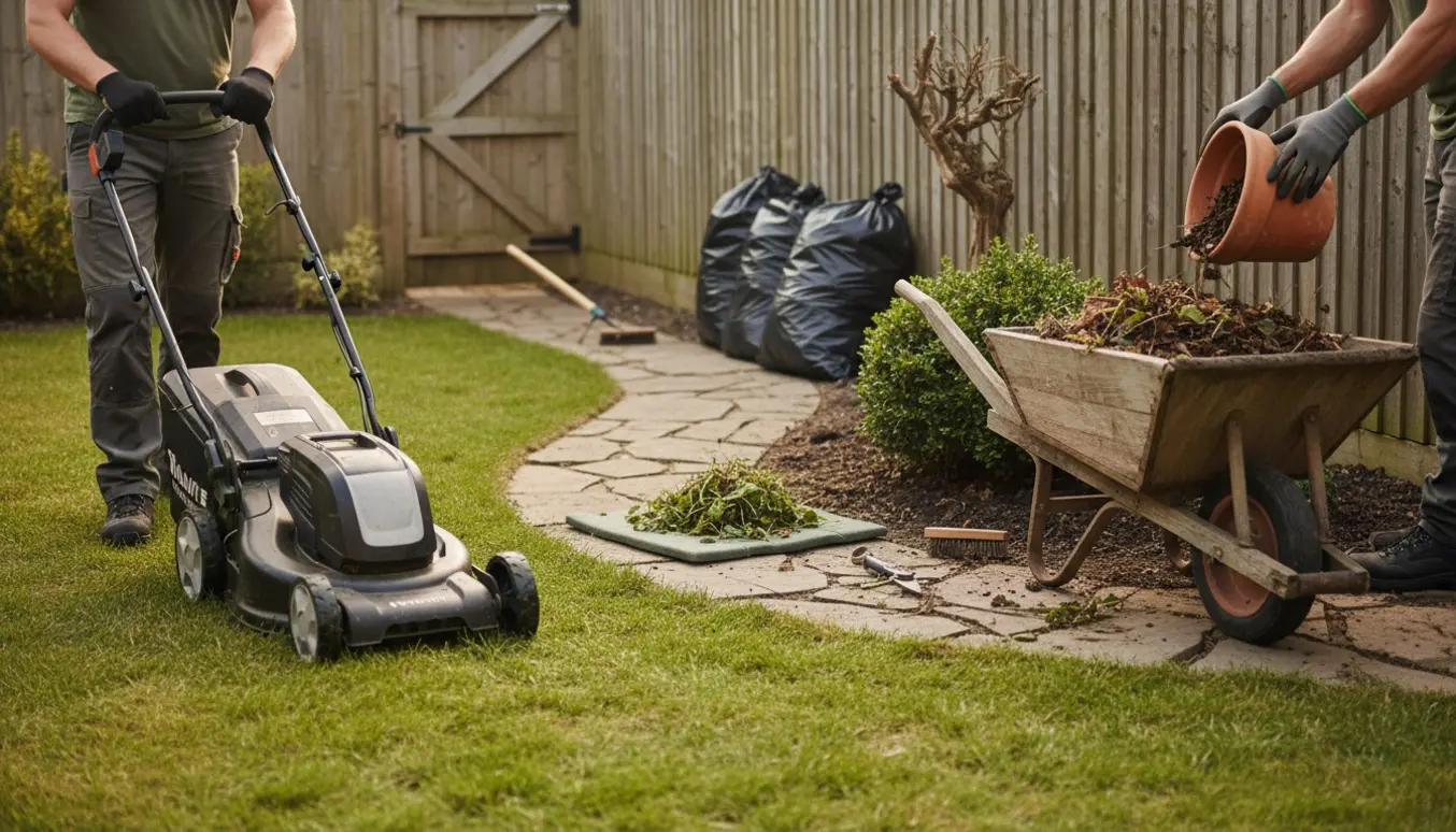 Lille have under 100 m² bliver ordnet med slåning, lugning, beskæring og fyldte sække klar til afhentning.