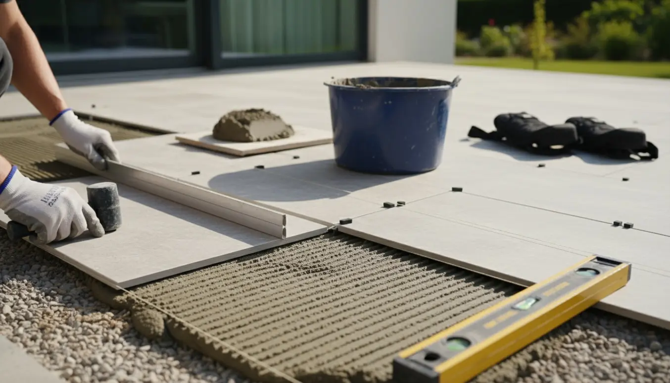 Håndværker afretter underlaget og lægger fliser på en terrasse med mørtel og fugeafstandsstykker.