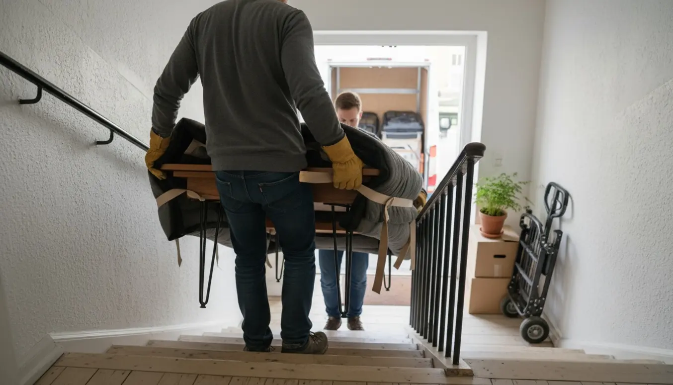 To flyttefolk bærer et tæppepakket egetræsbord op ad en lys trappe i en lejlighed.