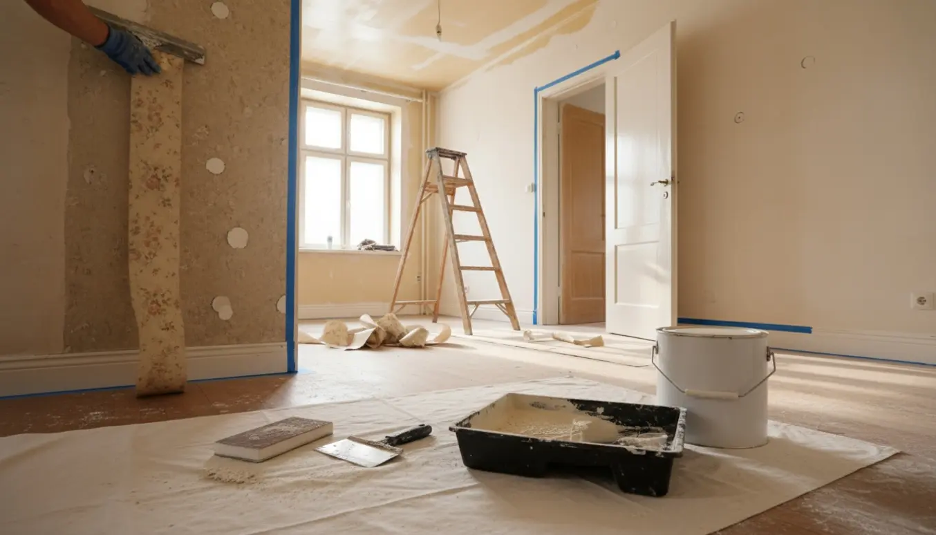 Indvendig lejlighed under renovering med tapetfjernelse, spartel, malerrulle og delvist malet dør og loft.