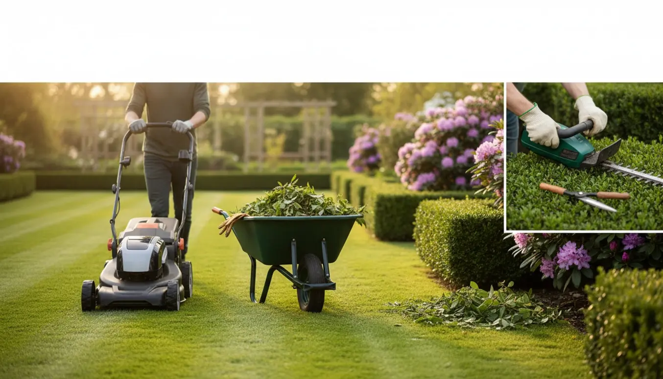 Nyslået græs med striber, en havemand set bagfra og nyslåede hække med indsamlede afklip i en stor have.