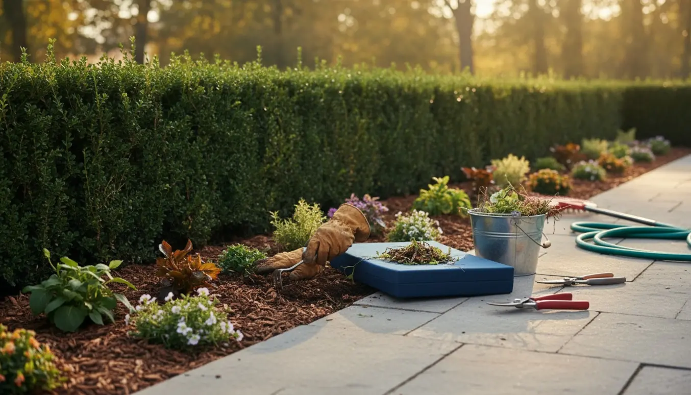 En havearbejder trækker ukrudt ved bunden af en lang hæk med redskaber og nyplejet bed og fliser i blødt morgenlys.