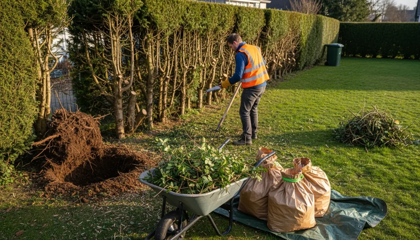 Delvist fældet hæk med opsamlede grene i en trillebør og en haveejer i arbejdstøj set bagfra.