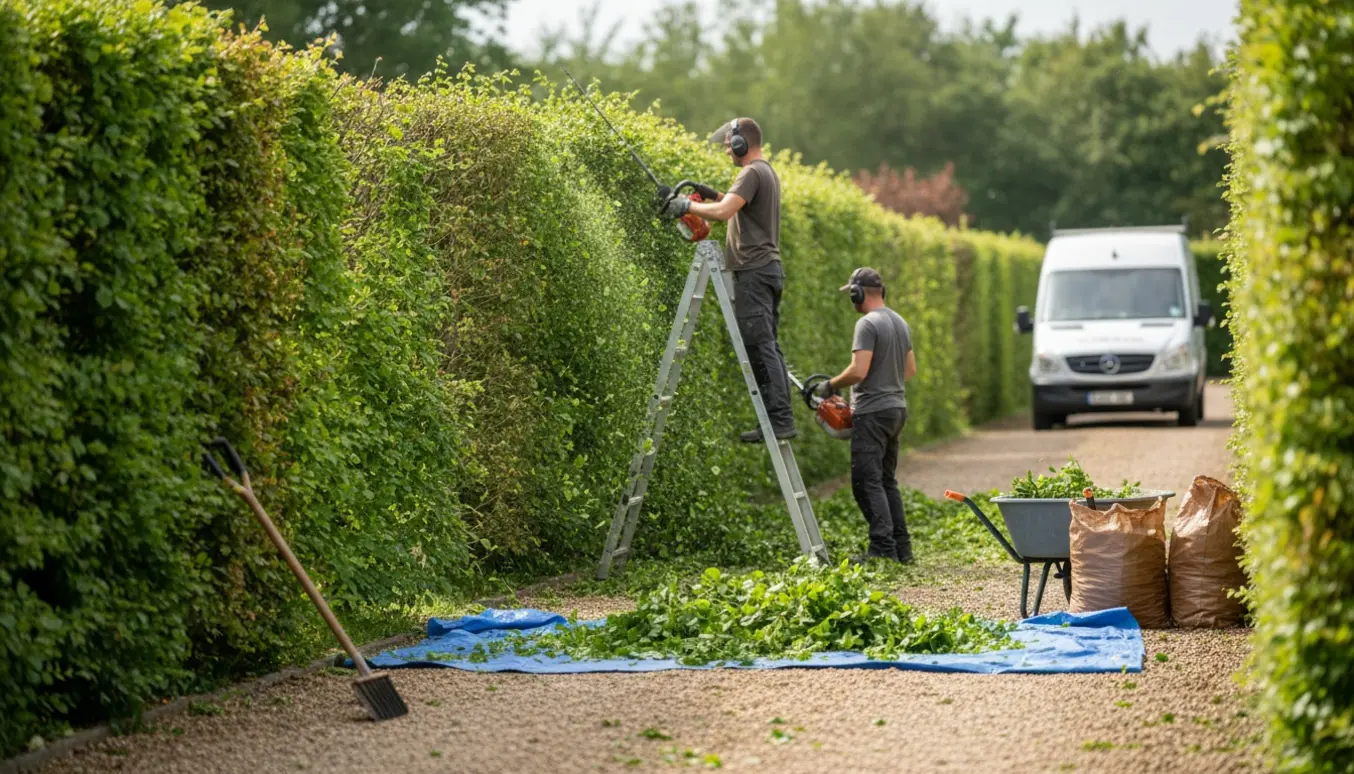 Lang bøgehæk bliver professionelt klippet; afklip samles på presenning og i trillebør.
