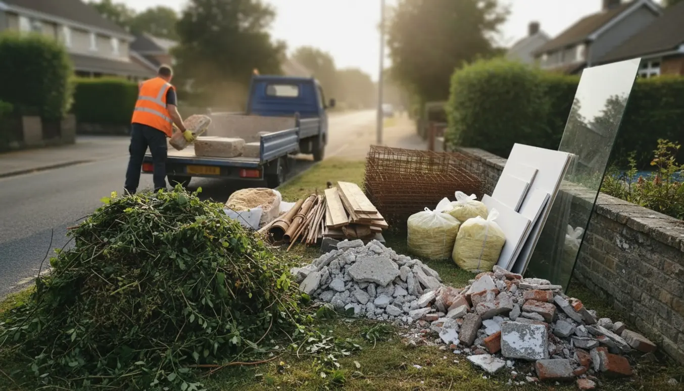 Bygge- og haveaffald med beton, murbrokker, armeringsnet, træ, isoleringsposer og en glas brusevæg klar til afhentning ved en trailer.