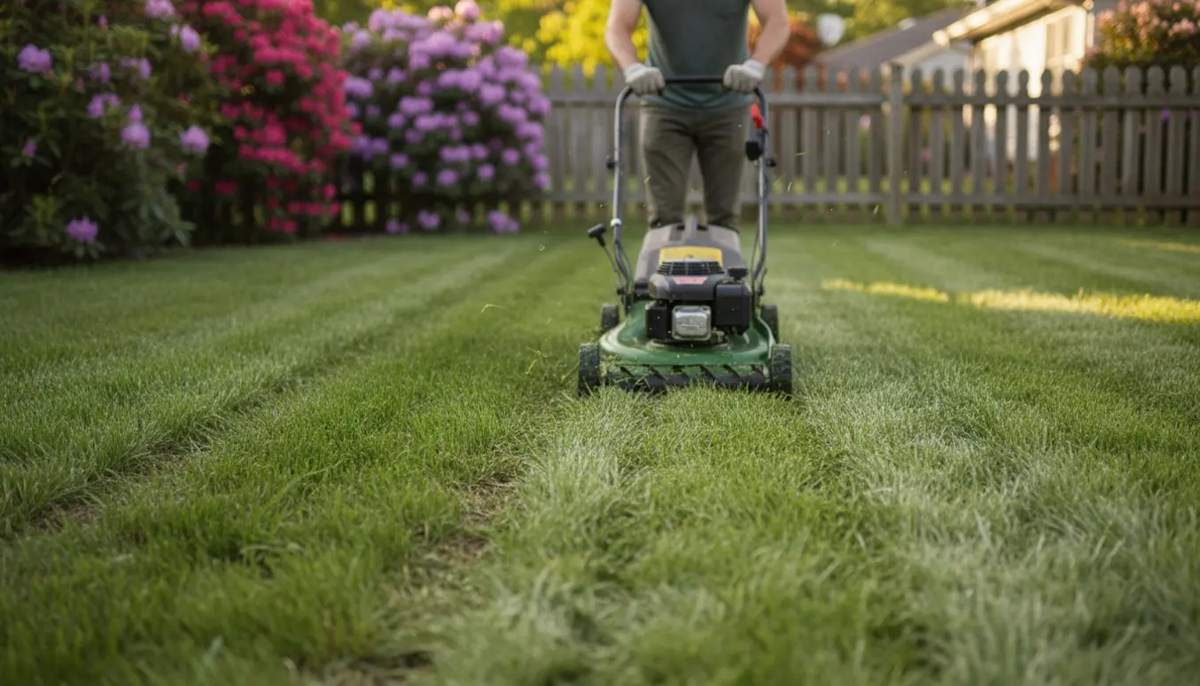 En person klipper græsset med en plæneklipper og skaber tydelige striber i en solrig forårshave.