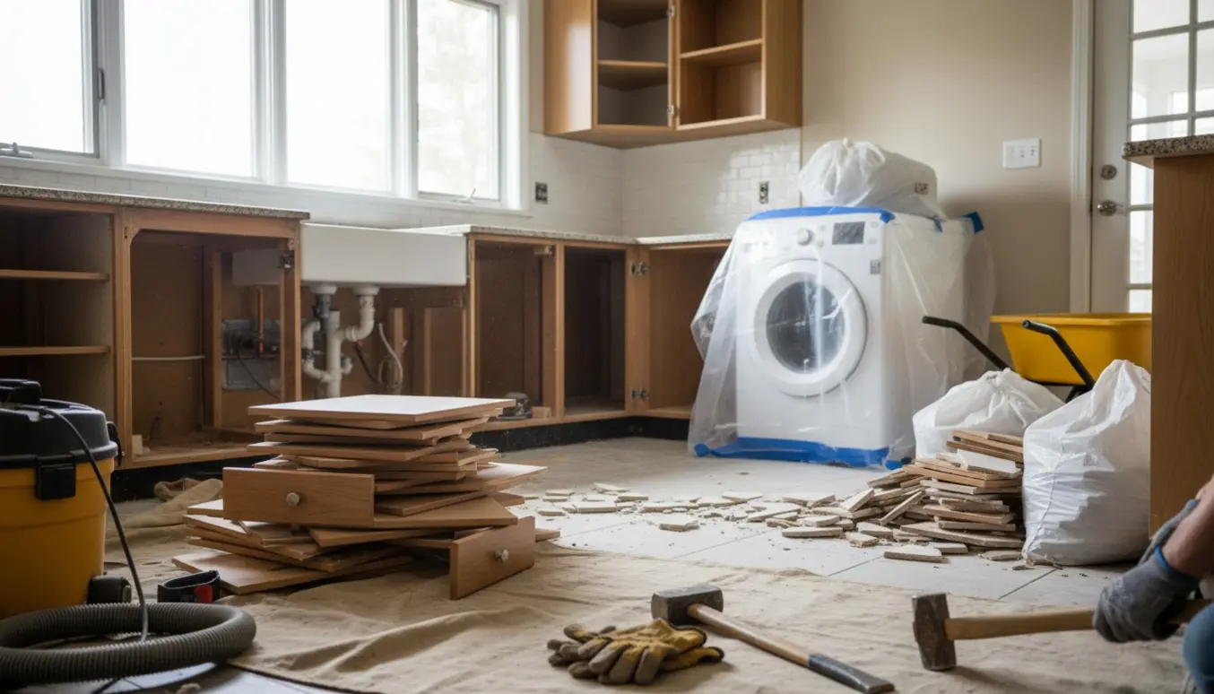 Køkken under nedrivning med alt fjernet bortset fra en intakt vaskemaskine og bunker af affald og værktøj.
