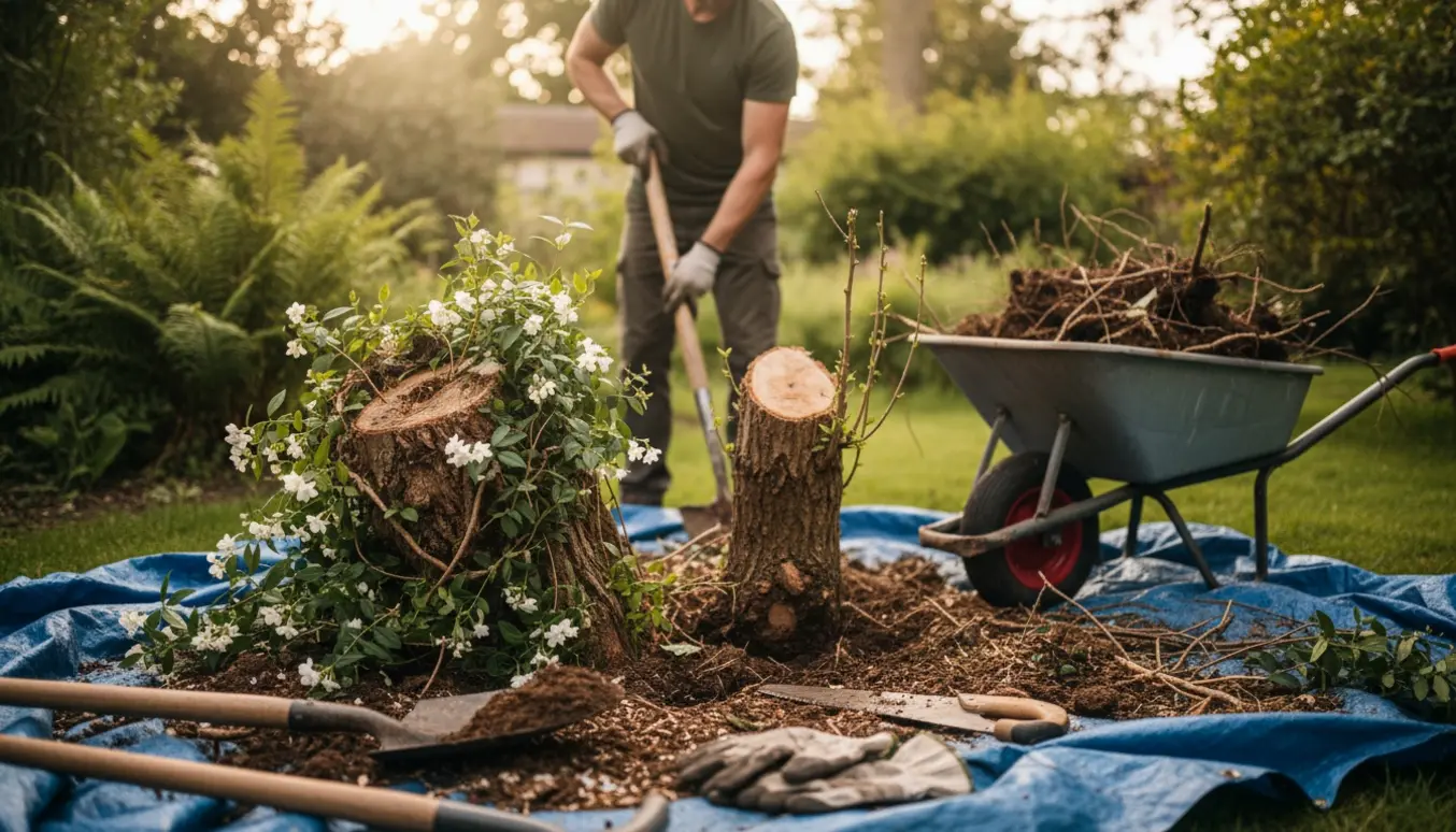 Hænder og havedredskaber fjerner to stubbe fra en jasminbusk og en lille hassel i en solrig have.