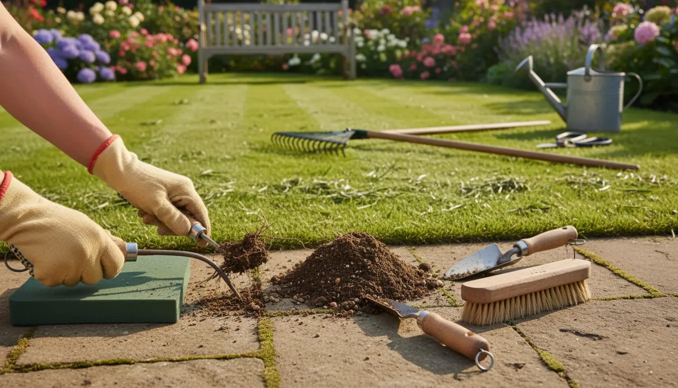 Hænder i handsker fjerner ukrudt mellem fliser med en nyslået græsplæne i baggrunden.