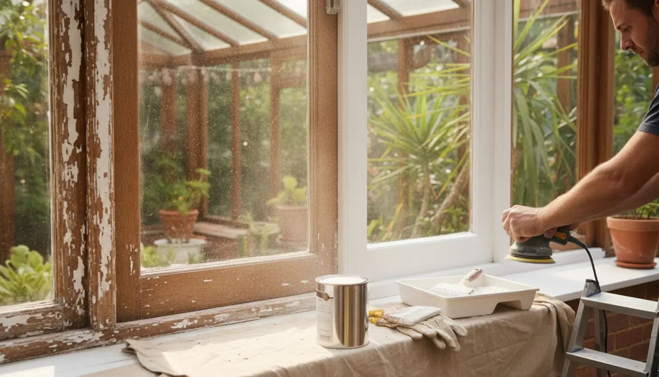Nærbillede af hænder, der sliber og maler træværk i en lys udestue.