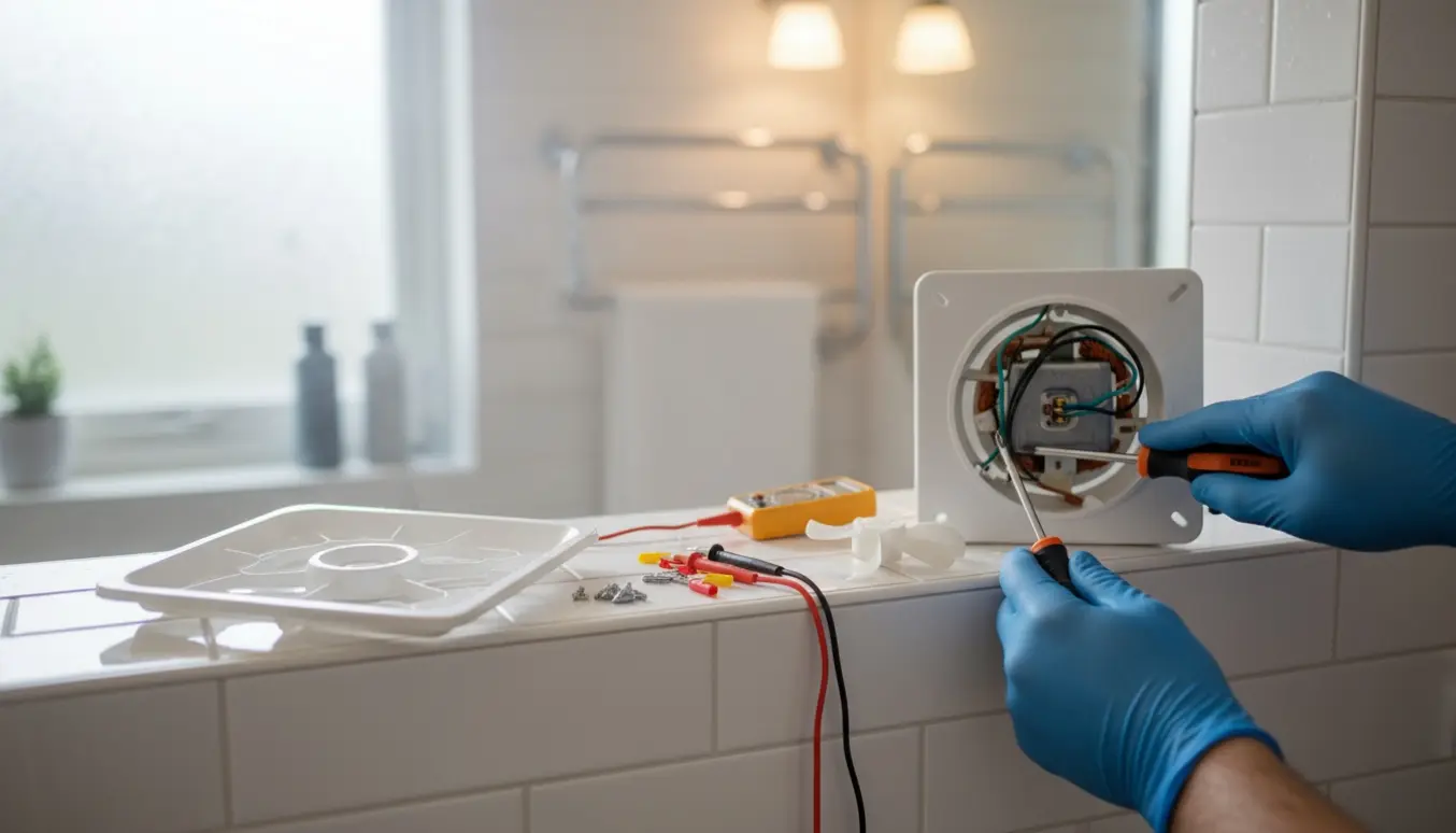 Nærbillede af reparation af badeværelsesudsugning med åben ventil og værktøj på fliser.