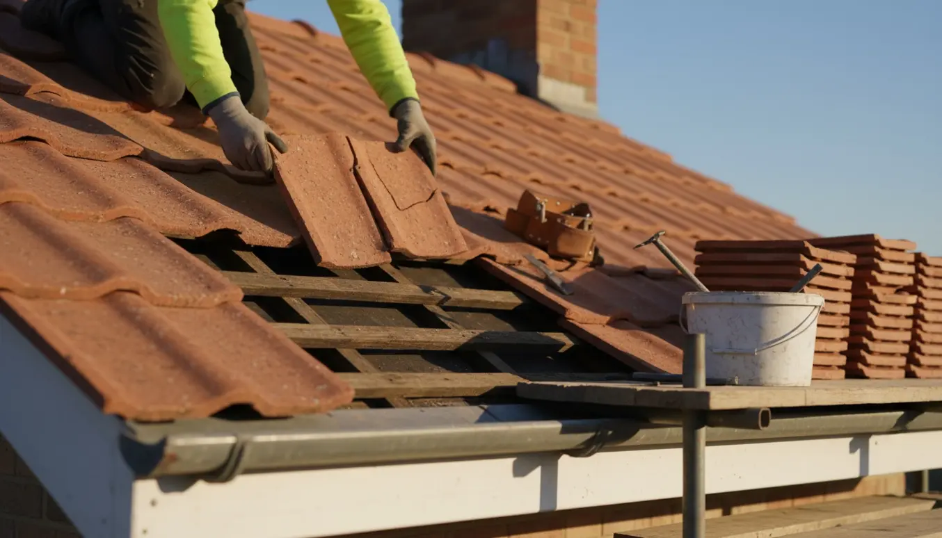 Hænder i handsker udskifter røde teglsten på et hustag med stak nye tagsten og værktøj i nærheden.
