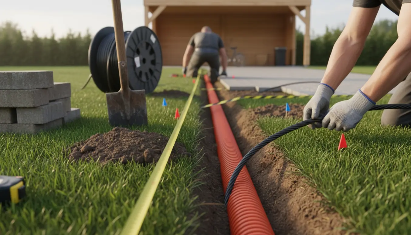 Nærbillede af en håndværker (ryggen til), der lægger et elkabel i et beskyttelsesrør i en gravet rende langs græsplænen mod en carport.