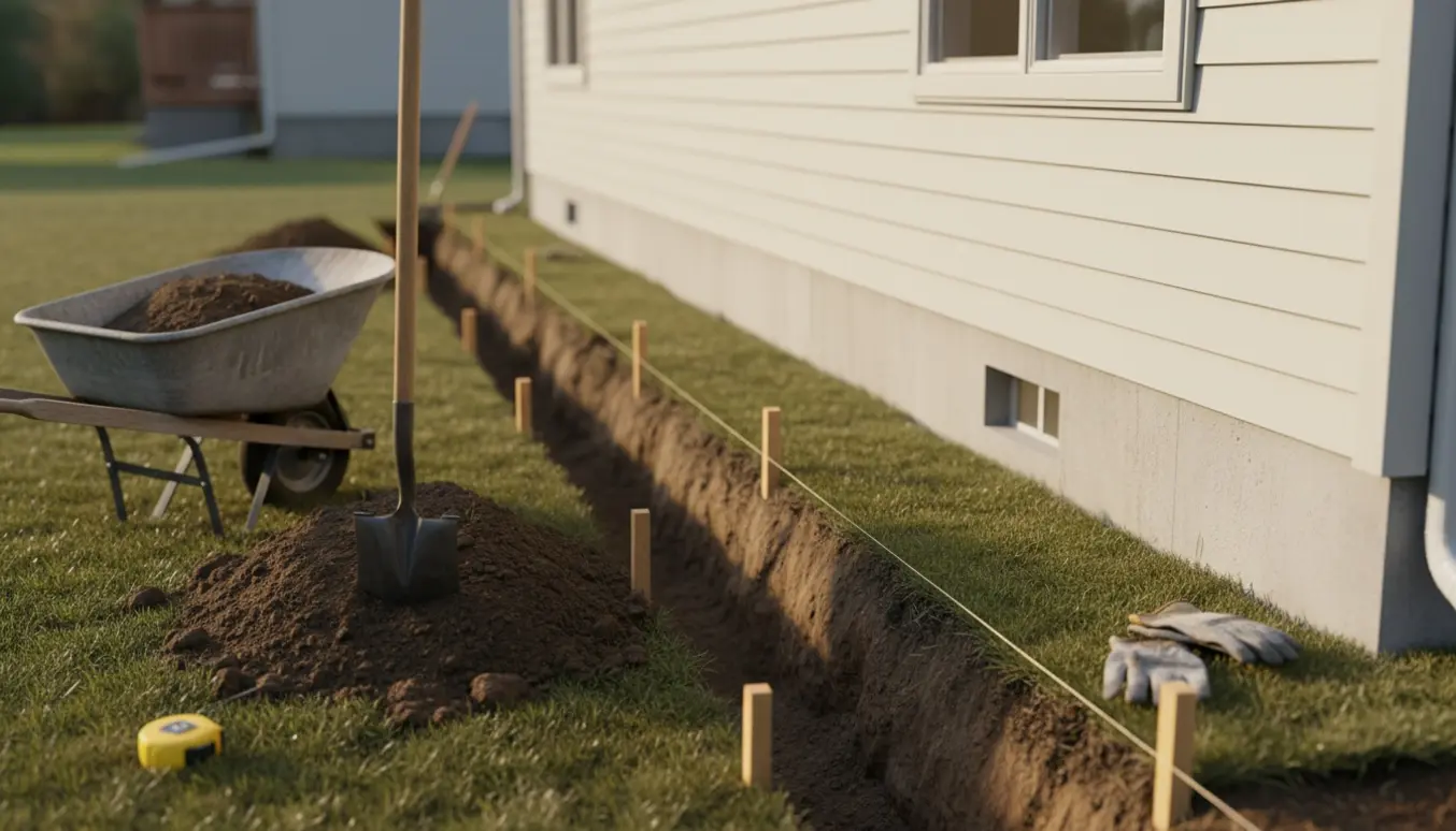 Nygravet rende langs husets fundament med skovl, trillebør og markeringer til kommende træterrasse.