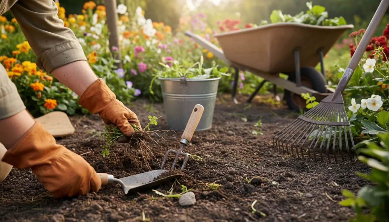 Nærbillede af handskeklædte hænder, der fjerner ukrudt fra et blomsterbed med haveværktøj og en spand ved siden af.