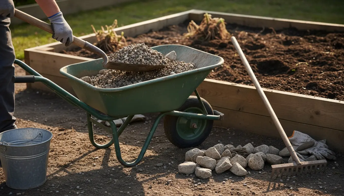 Nærbillede af hænder, der skovler sten i en trillebør ved oprensning af en have.