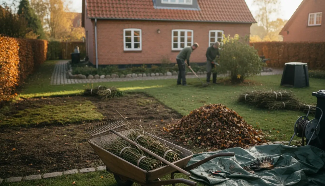 Forfalden villahave i Køge under oprydning med trillebør, rive og beskårne grene.