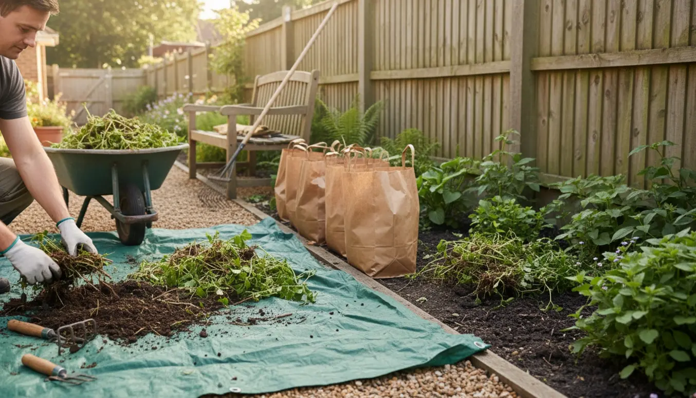 Hænder fjerner skvalderkål langs skel med trillebør og bunker af haveaffald klar til bortkørsel.
