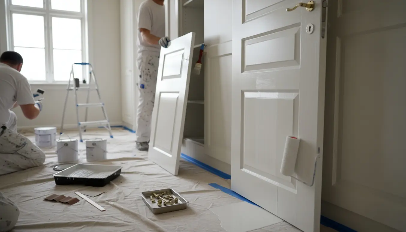 En maler i gang med at male indvendige døre og indbyggede skabe i et lyst hjem, med værktøj og malerdug i forgrunden.