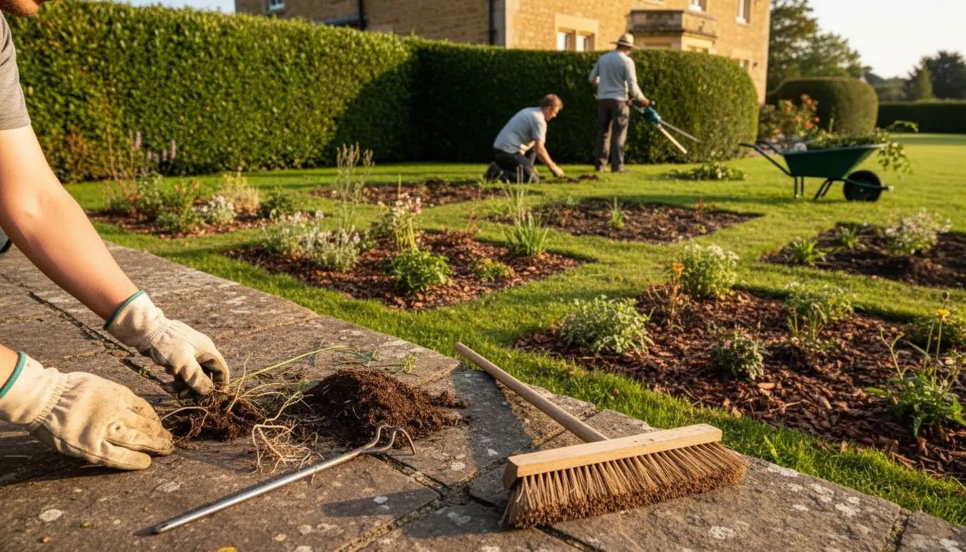Havearbejde ved hjørnegrund med ukrudtsfjerning på terrasse, fire rensede bede og en nyklippet ligusterhæk.
