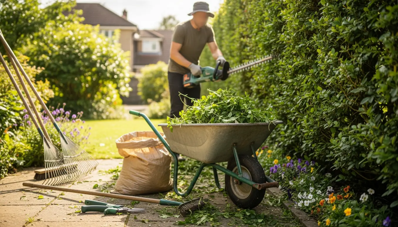 Trimming af hæk i en frodig junihave, med afklip samlet i en trillebør.