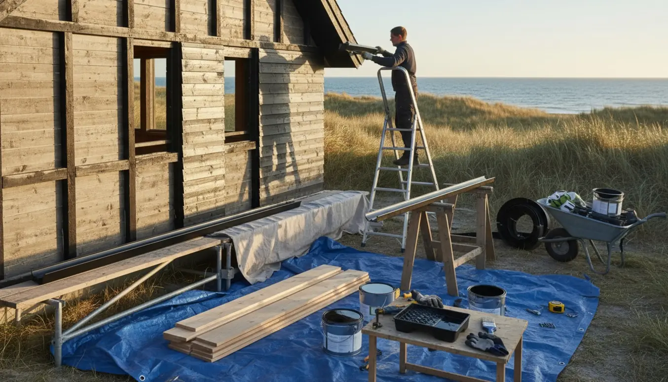 Udskiftning og maling af facadebrædder og tagrende ved et hus i Hornbæk med nye brædder, værktøj og sort maling.