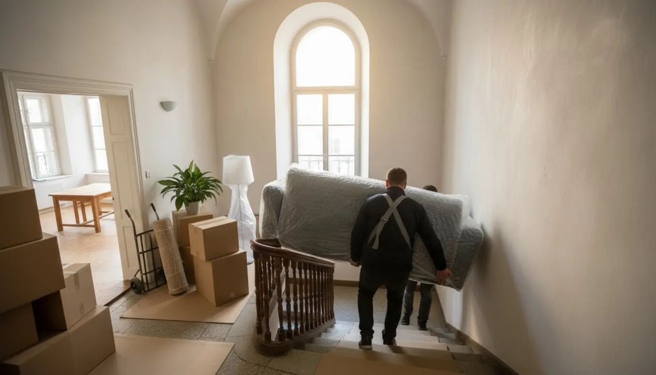 Flyttefolk manøvrerer en indpakket sofa op ad en solbelyst, smal trappe med stabler af brune flyttekasser på reposen.