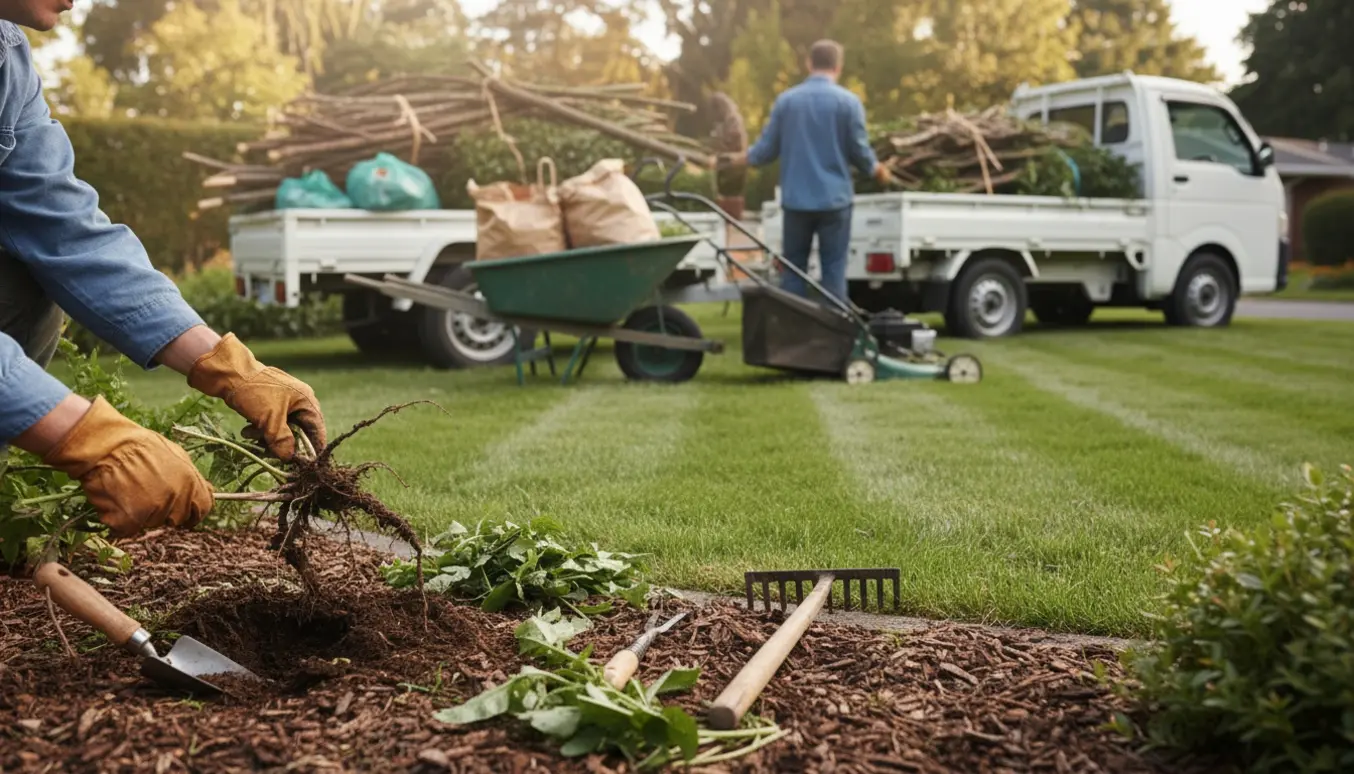 Person luger ukrudt i en solrig have ved plæneklipper, trillebør og trailer med haveaffald klar til bortkørsel.