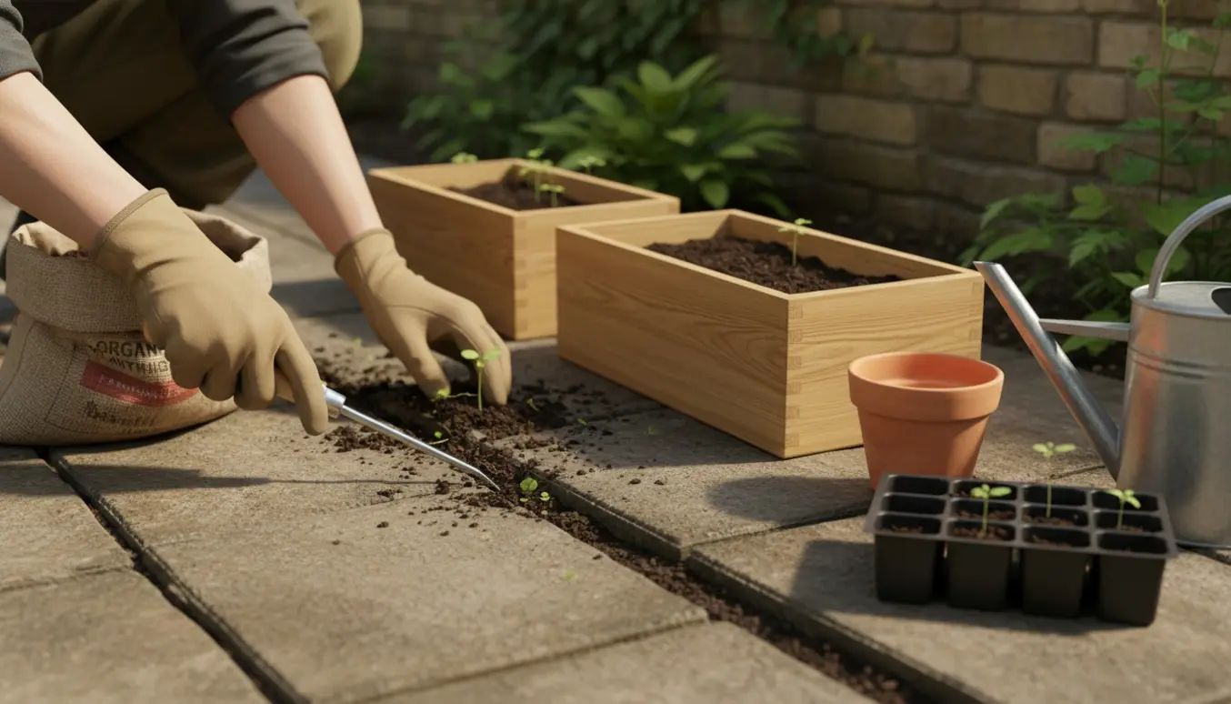 Hænder fjerner ukrudt mellem fliser og planter små planter i trækasser på en solrig terrasse.