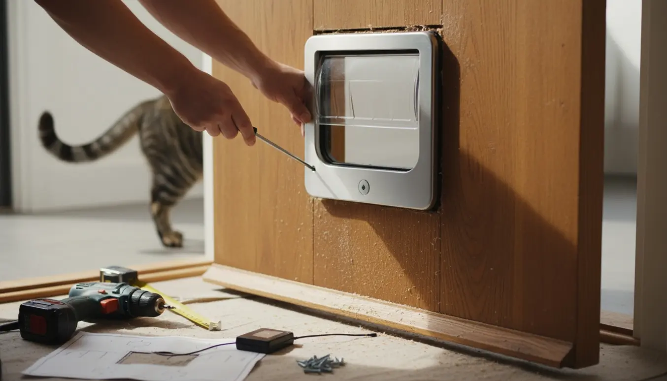 Ekstra stor chip-kattelem i en træ hoveddør under installation, omgivet af værktøj og savsmuld.