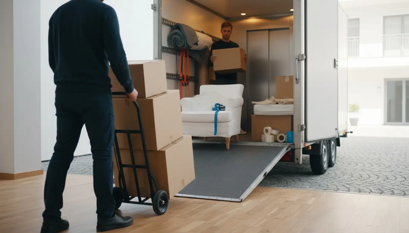 Flyttetrailer tømmes — kasser og møbler køres ind i lejlighed via elevator.