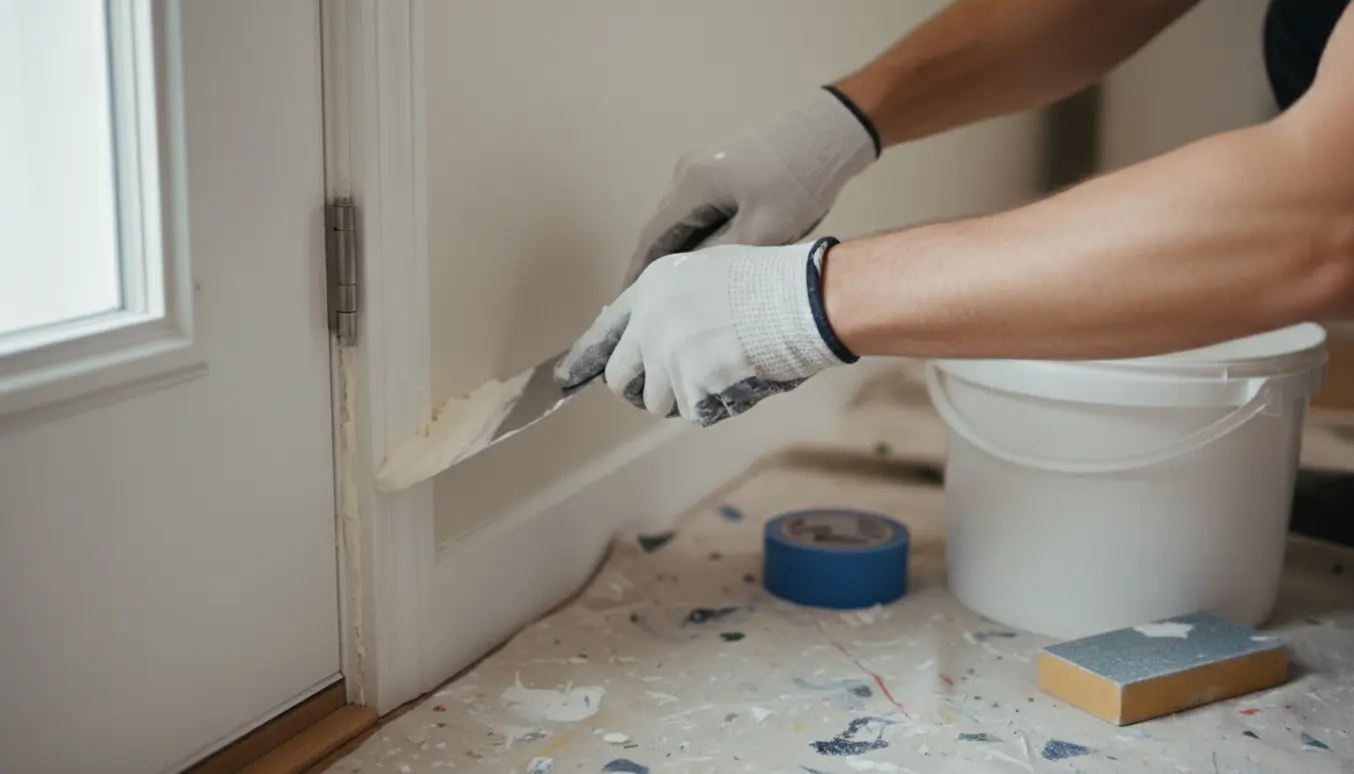 Hænder spartler frisk spartelmasse langs en hvid dørkarm med spartelkniv og afdækningsmateriale.