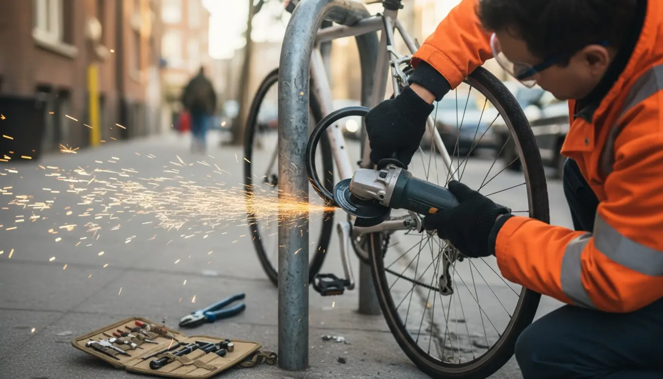 En låsesmed i beskyttelsesudstyr skærer en stor metalcykellås fri fra et cykelstativ med en vinkelsliber.