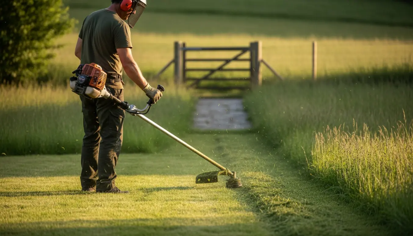 Person slår højt græs med en benzindrevet buskrydder og efterlader en frisk afklippet stribe på en jævn plæne.