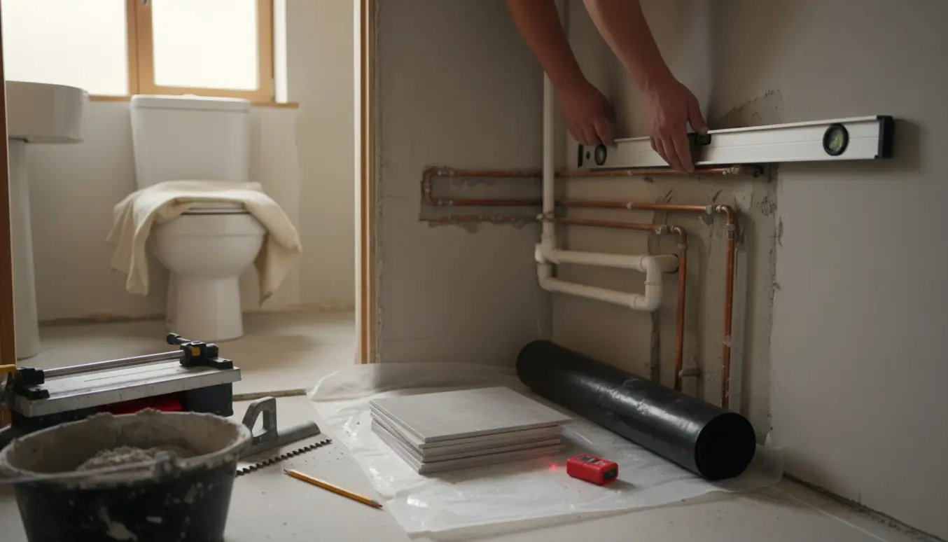 Halvrenoveret lille badeværelse med synlige rør, stabler af nye fliser og håndværkerens hænder, der måler væggen.