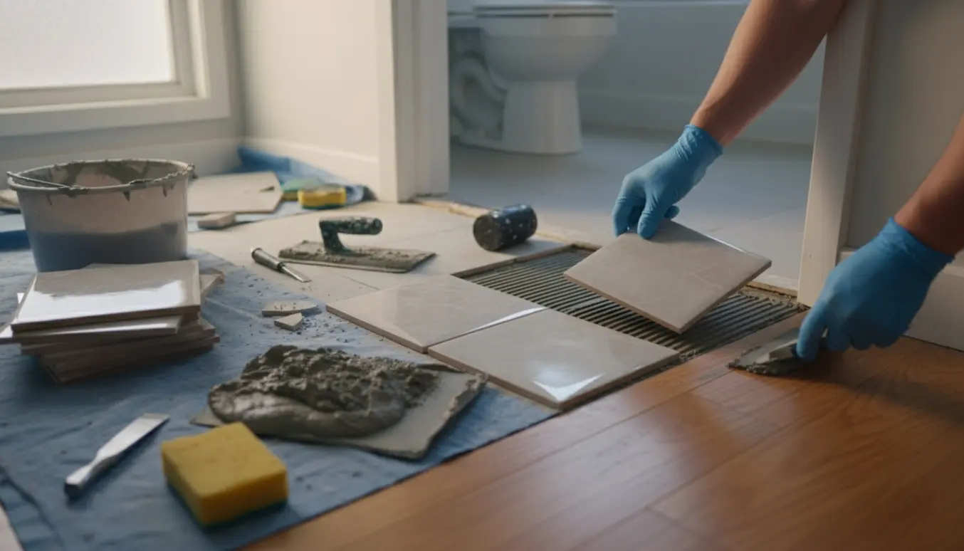 Nærbillede af udskiftning af fire badeværelsesfliser og fugearbejde udenfor badeværelset.