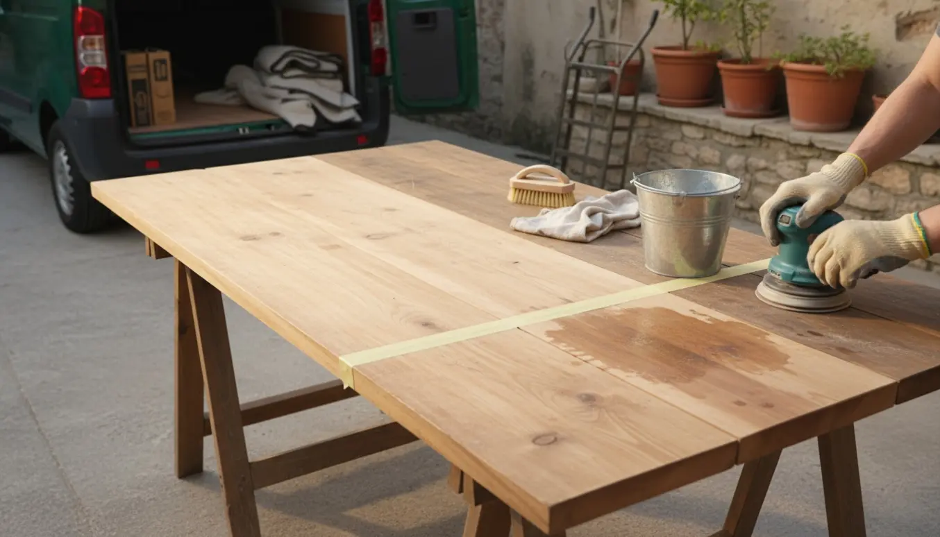 Treplanket spisebord på savbuk udendørs, halvt slebet og klar til sæbebehandling med sæbespand og børste.