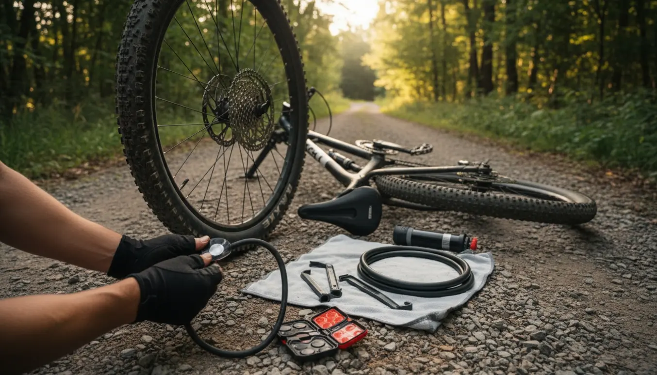 CUPE mountainbike med baghjul afmonteret, mens hænder lapper en punkteret slange ved en skovsti.