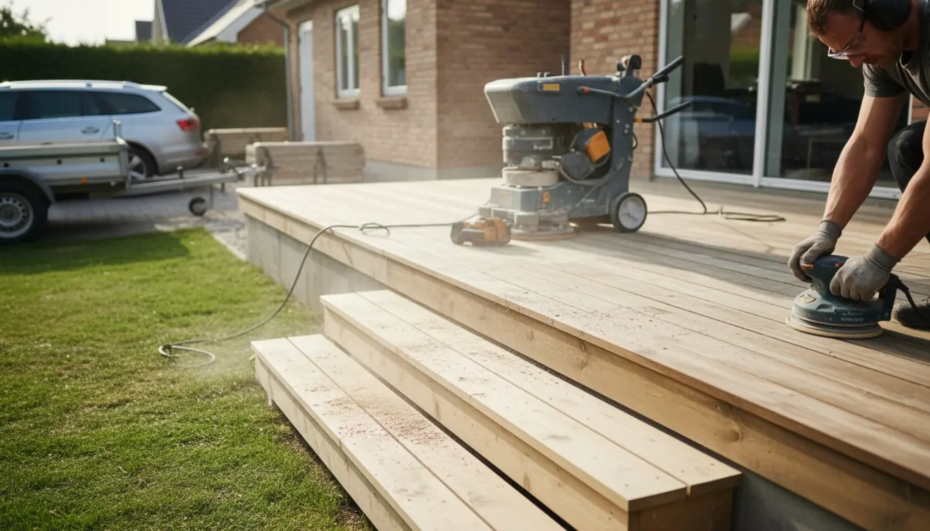 Hænder sliber en fyrretræs terrasse med slibemaskine, træspåner og tre trin i en forstadshave i Hvidovre.