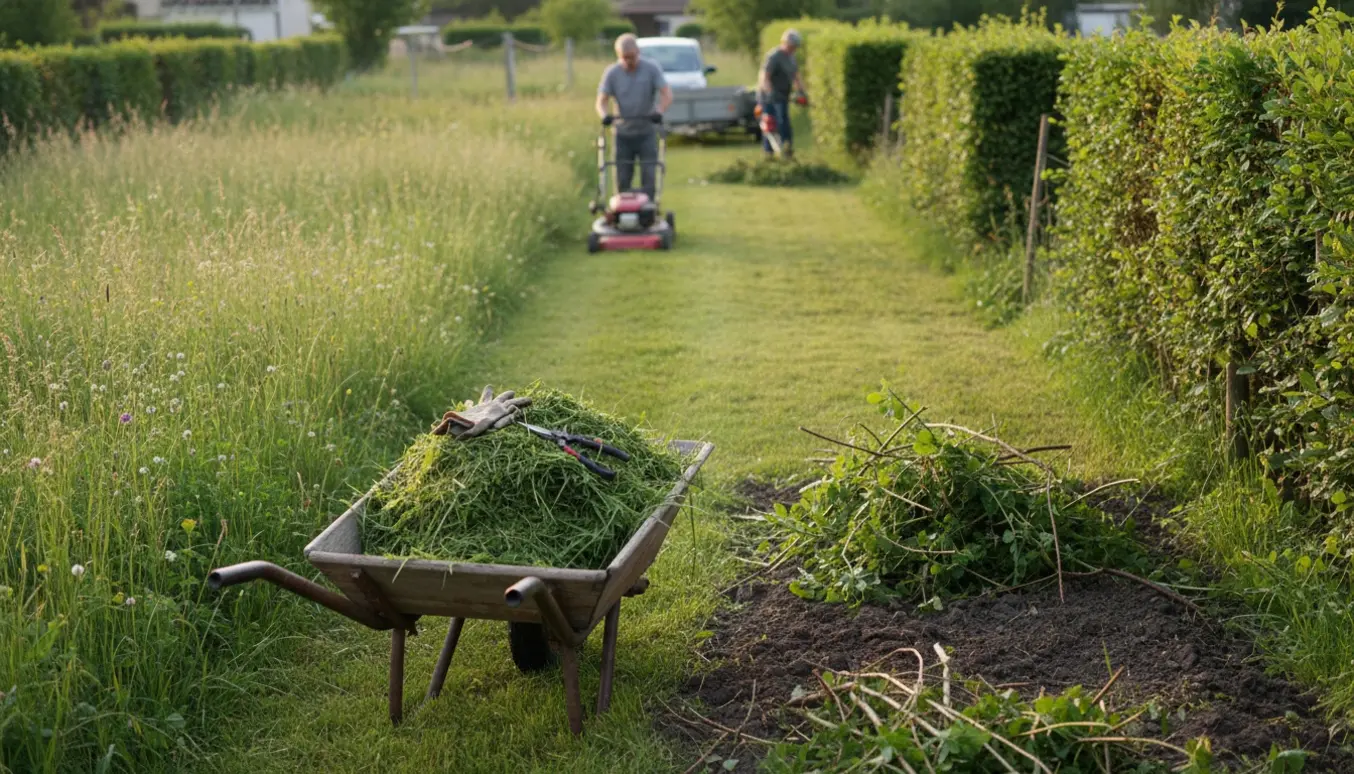 Overgroet kolonihave med nyklippet græs, trillebør fuld af grønt affald og hækkeftersyn uden tydelige ansigter.
