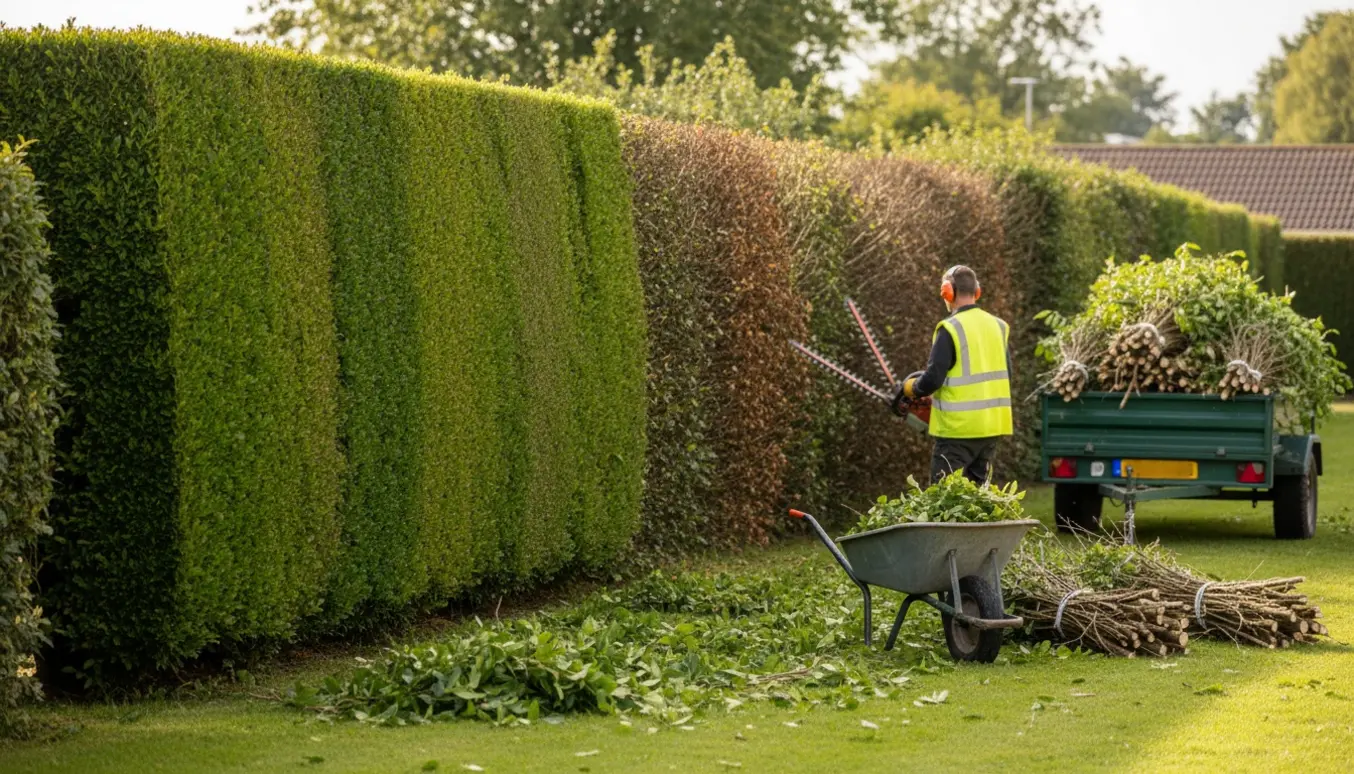 Lang, skulderhøj hæk bliver klippet, med klippeaffald i trillebør og trailer klar til bortkørsel.
