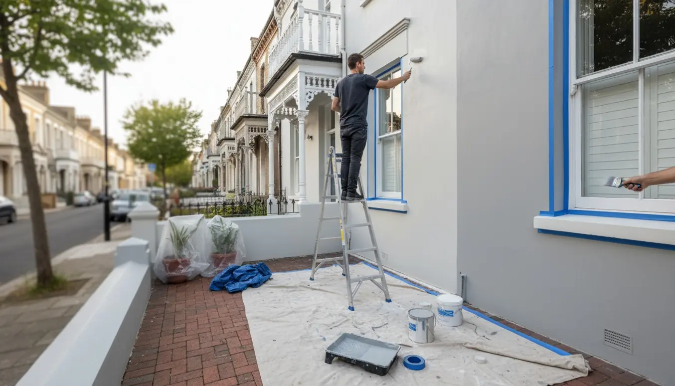 Rækkehus med palægrå facade og hvide ballustre under maling, maler set bagfra på en stige.