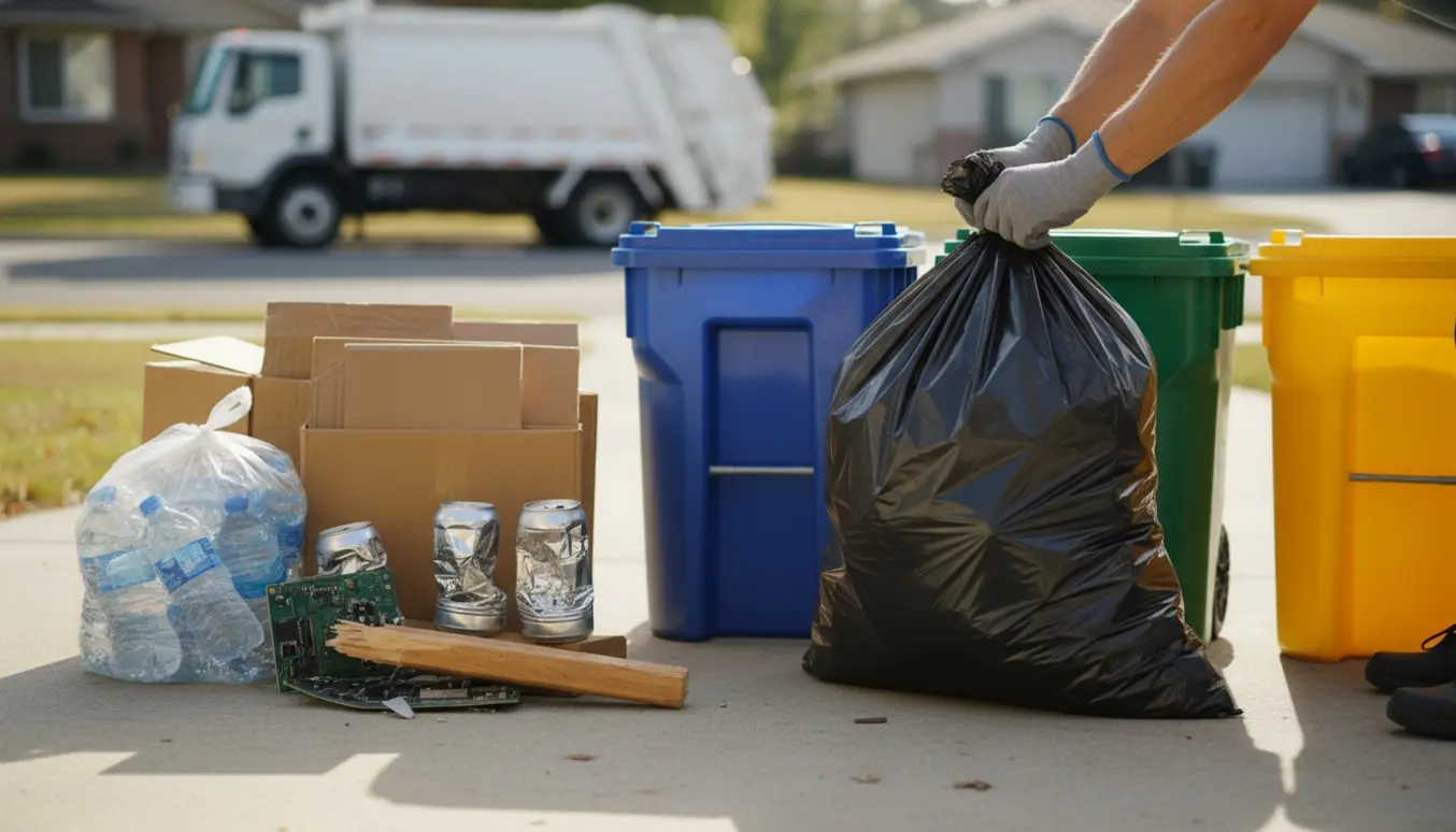 Nærbillede af handsker, der binder en affaldssæk ved siden af sorteret genbrugsaffald på en indkørsel.