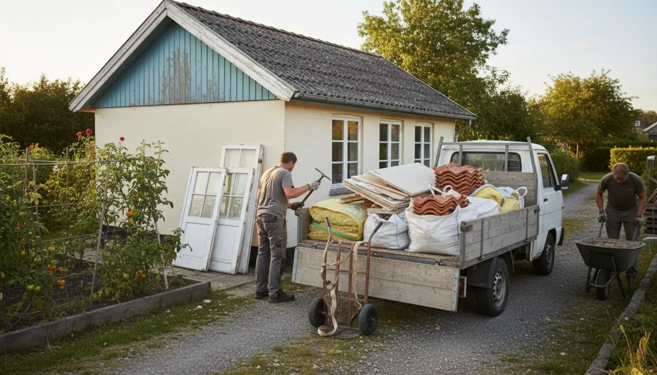 Trailer læsses med byggeaffald ved et kolonihavehus på Amager, mens døre og vinduer er sat til side.