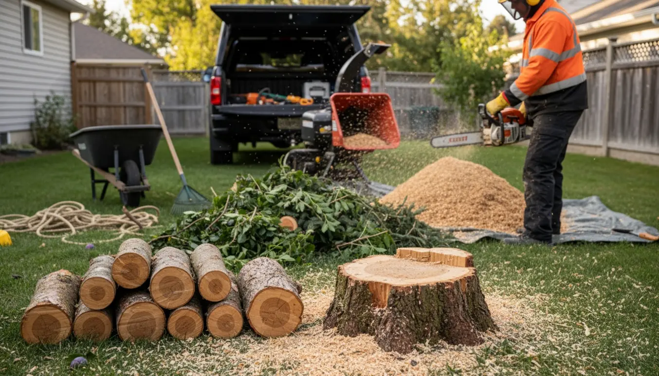 Fældning og bortskaffelse af to 4 meter høje træer (gran og blommetræ) i en have med skårne stammer og træflis.