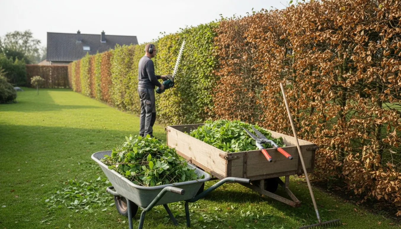 En person fra bagsiden klipper en lang bøgehæk, med afklip samlet i en trillebør og en trailer.